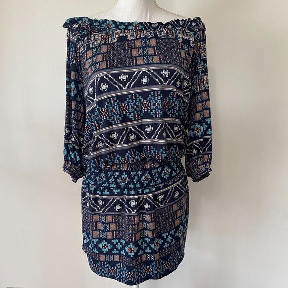 Revolve Misa Los Angeles Poppy Off Shoulder Aztec Navy Midnight Desert Dress SM - Picture 5 of 11